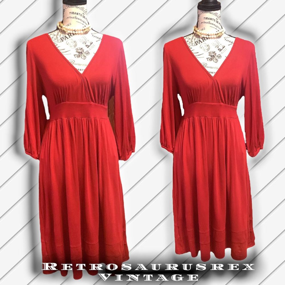 Gap Retro Red Midi Fit and Flare Dress Tie Back Stretch large